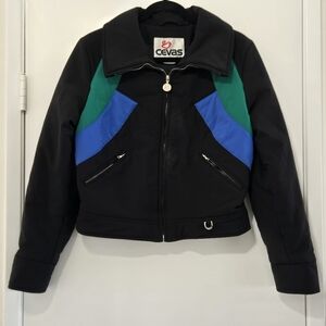 Vtg 80's Cevas Colorblock Zip-Up Jacket Blackk Green Blue Retro Ski Moto Y2K